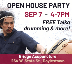 The summer of 2024 commemorates Bridge Acupuncture's 15th anniversary since opening up in Doylestown. We'd love to celebrate this milestone with you! From 4-7pm on the Saturday of the Doylestown Arts Festival, Sept. 7th, we will offer music, refreshments, raffle prizes, demos, and FREE family-friendly cultural performances from: 4:30pm - The Seabrook Minyo Japanese Folk Dance group (participation encouraged!) 5pm - Philly-based Circus arts performers show off their zany juggling and acrobatics 5:30pm - The KyoDaiko Taiko Drummers of Philadelphia, who gave a knock-out performance at our last open house in 2022, return for another mesmerizing show! You won't want to miss these awesome performances! Friends and family very welcome. Mark it on your calendars- we truly hope to see you there! See our website's event page or call us at 215-348-8058 for parking directions and other information.